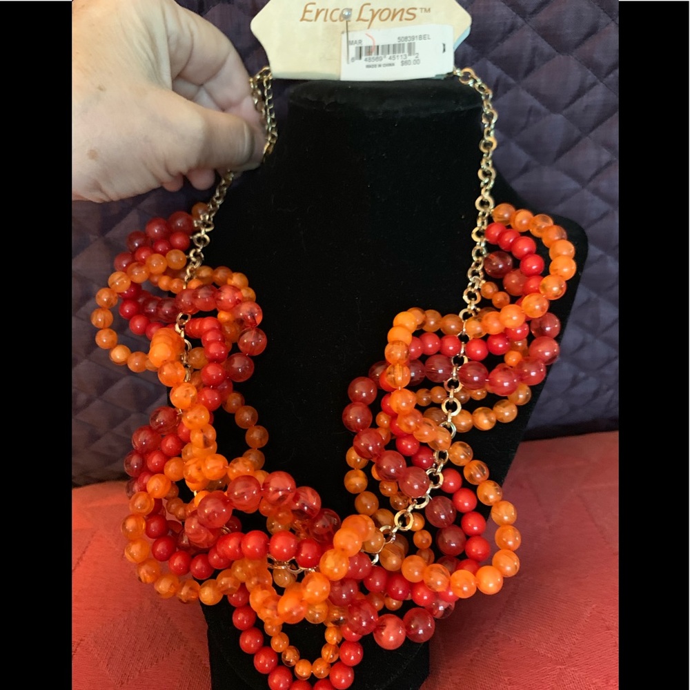 NWT ERICA LYONS RED/Orange Glass Beads on Chain